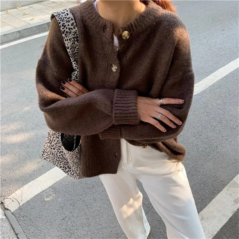 Street-wave Cozy Knit Cardigan Pullover For Women Everyday Wear Soft Pink Button Front