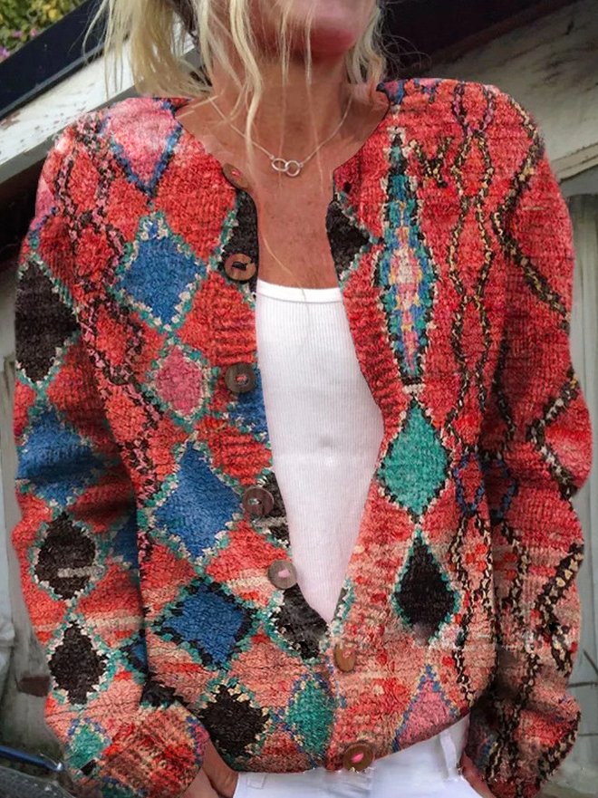 Street-Wave Cozy Knitted Cardigan For Women With Button Front Floral Design Pattern