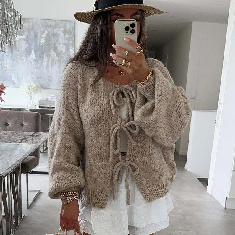 Street-Wave Soft Pink Knit Cardigan With Tie Front Bow, Cozy Warm Womens Sweater