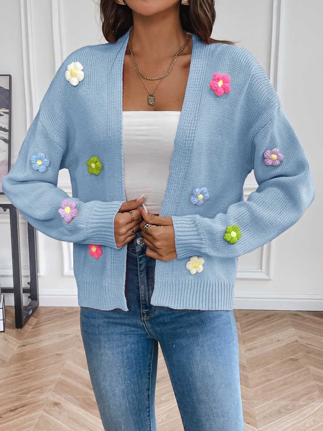 Street Wave Floral Knit Cardigan Open Front For Women Feminine Style And Cozy Comfort