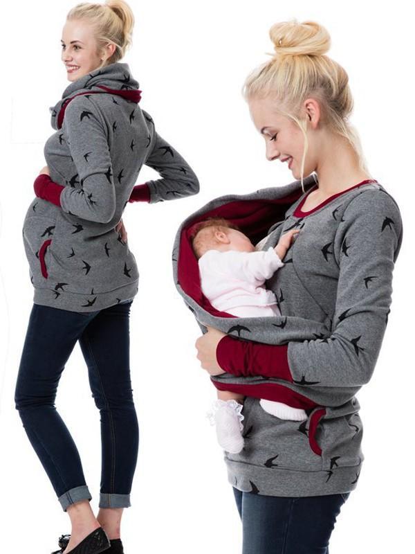 Street Wave Maternity Nursing Sweater Soft With Floral Print And Pockets For Expectant Moms