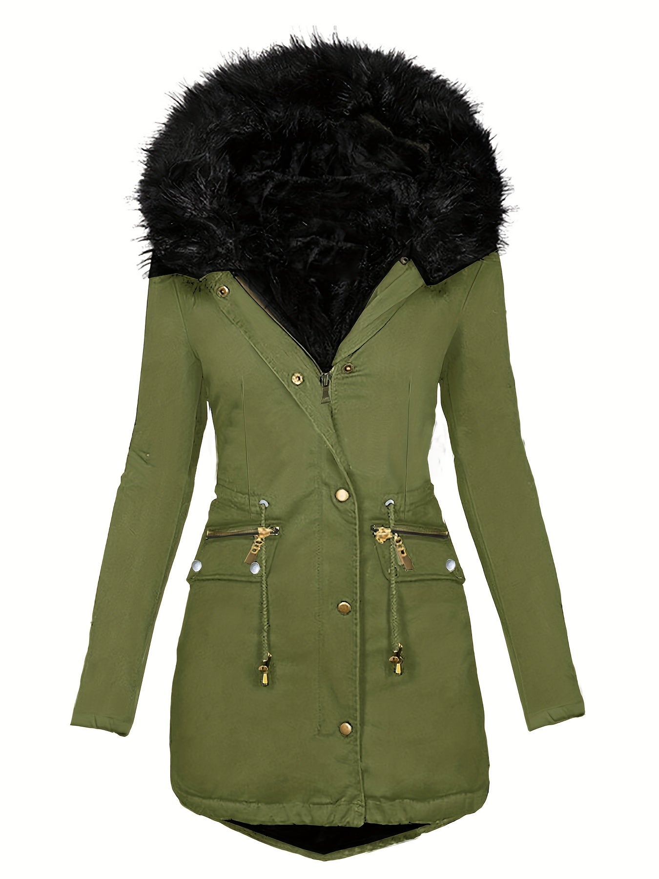 Street Wave Women Black Wool Coat With Faux Fur Hood Timeless Elegant Outerwear Cozy