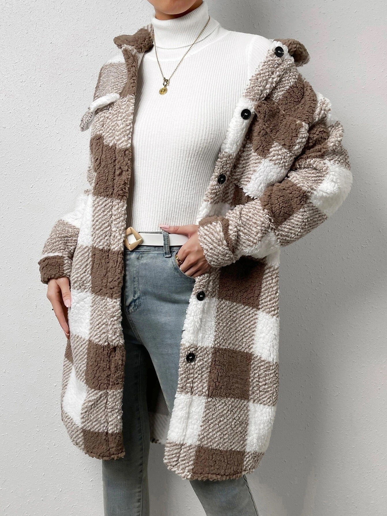 Street-Wave Blue Plaid Wool Coat For Women Warm Cozy Sherpa Lined Winter Outerwear