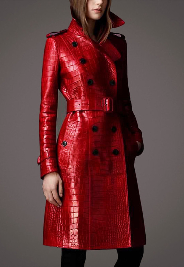 Street-Wave Crocodile Print Faux Leather Coat for Women, Red, Double Button Closure, Bold Look