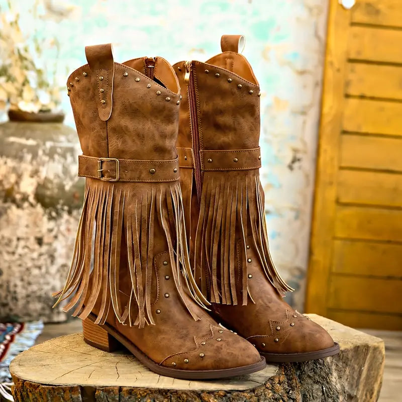 Street-wave Fringe Boots For Women With Belted Fringe And Block Heel Boho Style Perfect For Fall And Everyday Chic