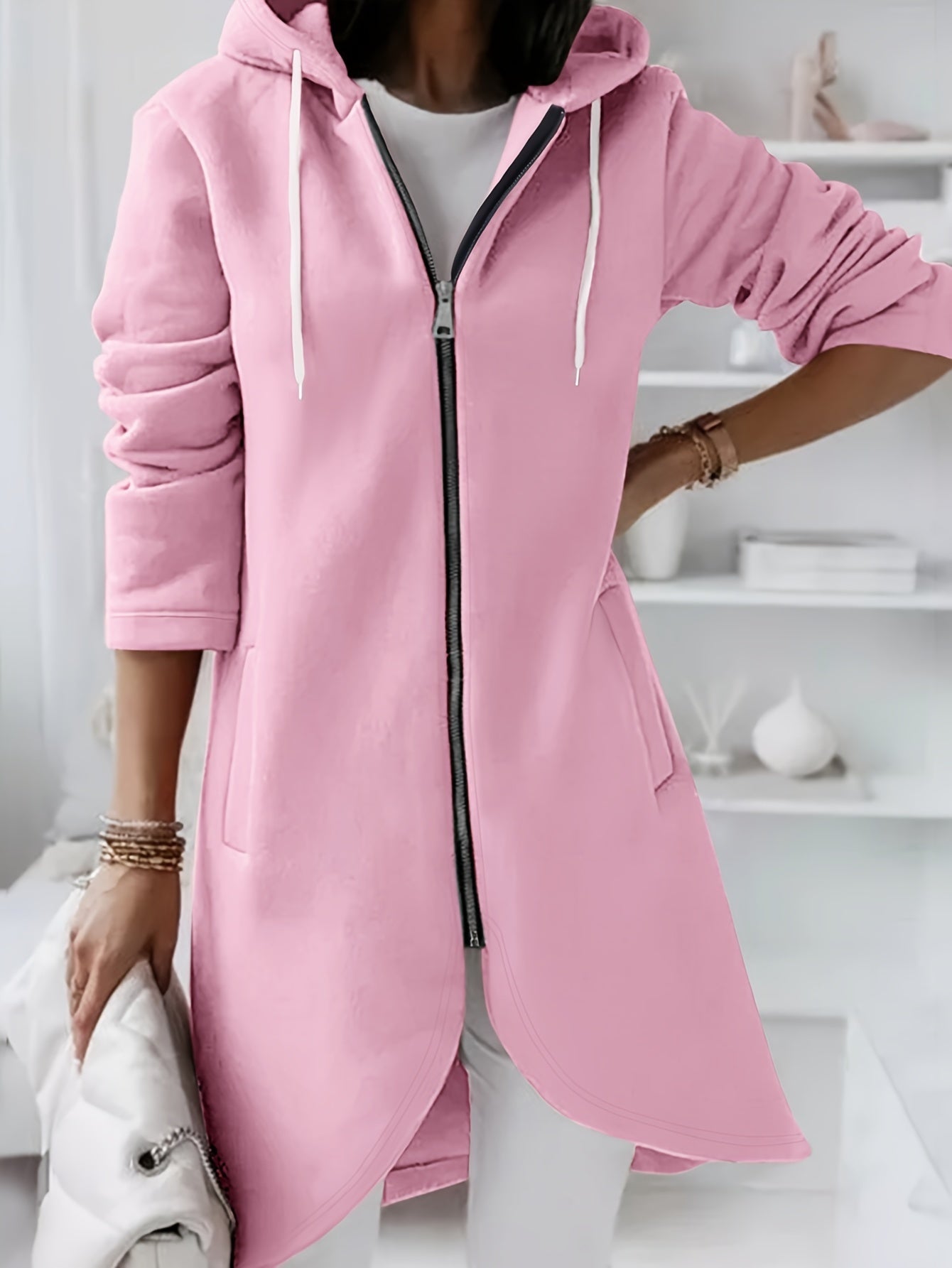 Street-wave Midi Hoodie Jacket With Zipper And Drawstring Breathable Everyday Outerwear For Women