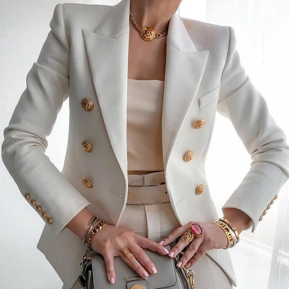Street-wave Women's Blazer Elegant Double Breasted Gold Button Office Chic For Professionals
