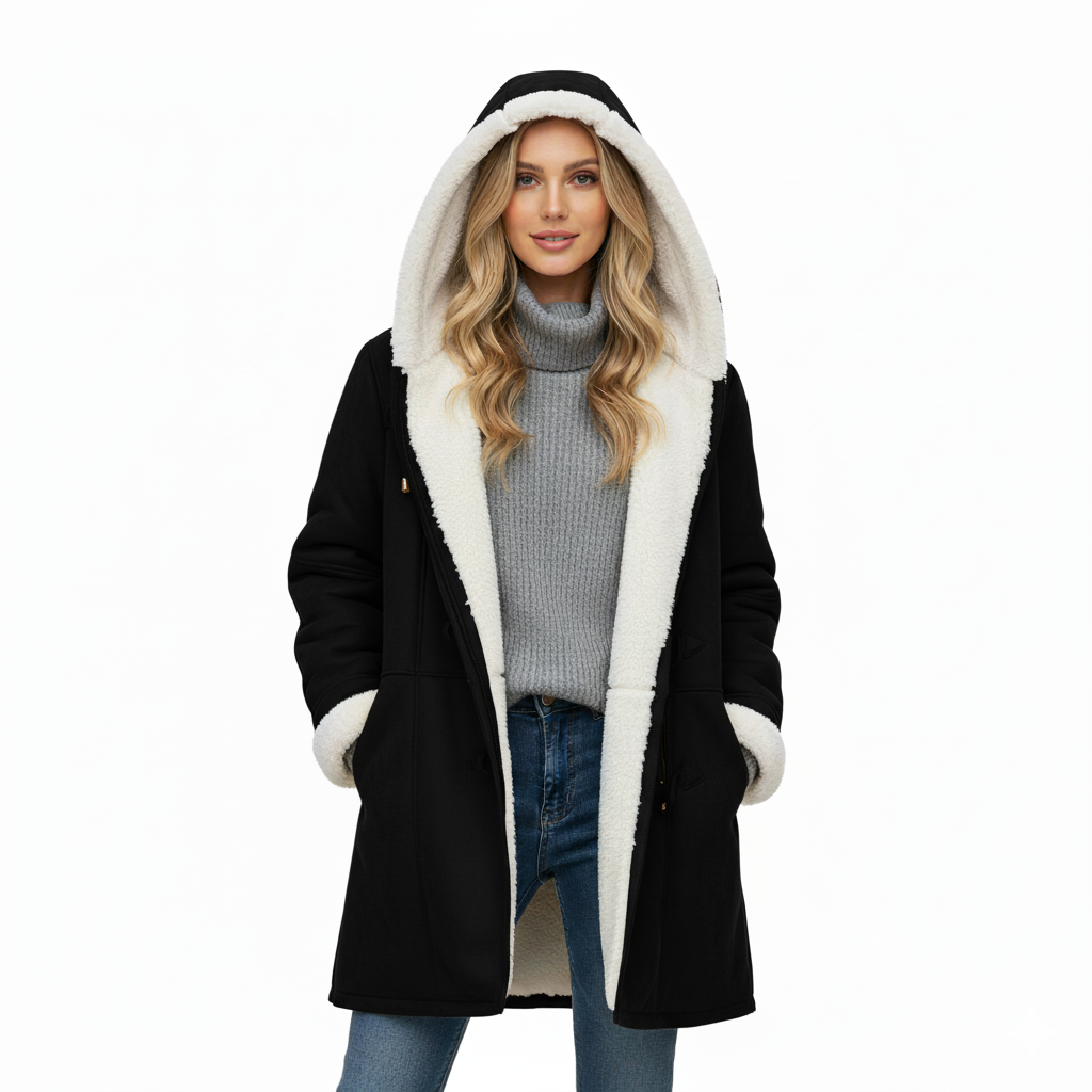 Street-Wave Hooded Coat for Women Plush Lined Warm Mid-Length Toggle