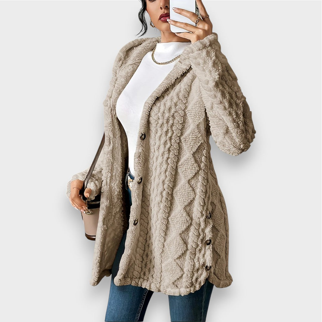 Street-Wave Plush Hoodie Cardigan For Women Ultra Soft Cozy Elegance With Refined Knit And Button Details