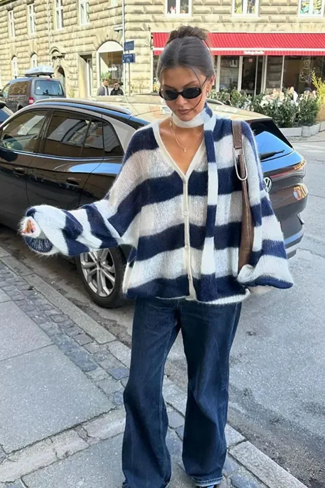 Streetwave Striped V Neck Knit Cardigan For Women With Relaxed Fit And Cozy Layering