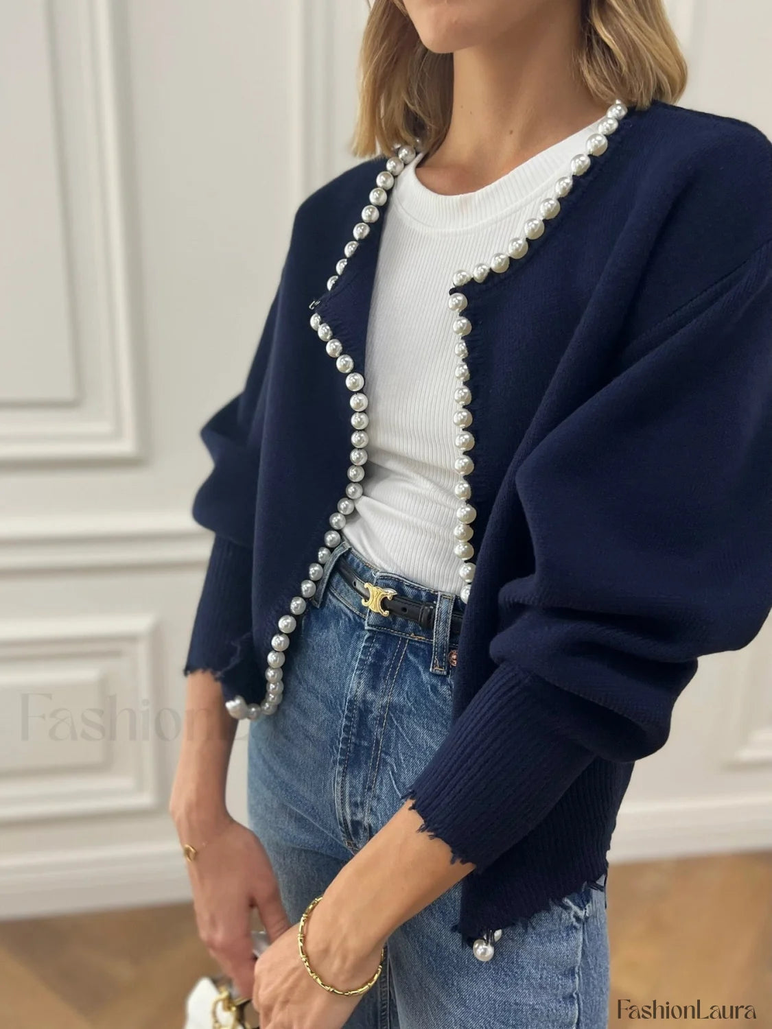 Street-Wave Pearl Trim Cardigan With Frayed Hem For Women Soft Everyday Knit Acrylic Elastane