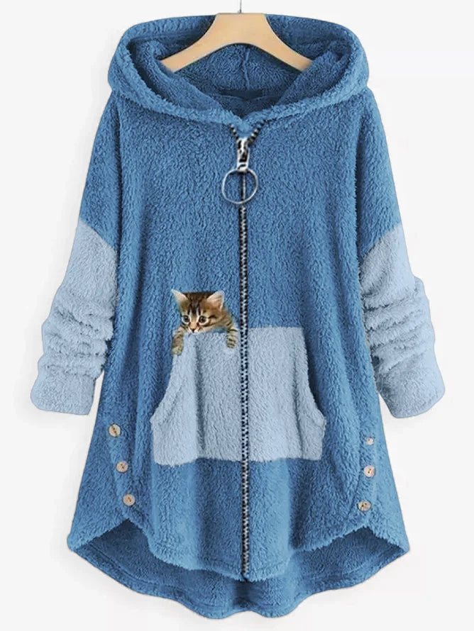 Streetwave Womens Sherpa Coat With Cat Patch Cozy Hooded Fleece Soft Plush Lined Loose Fit