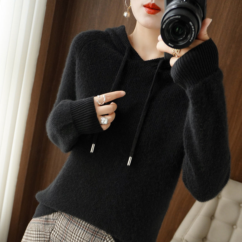 Street-wave Hooded Knit Pullover For Women - Cozy Soft Knit, Relaxed Fit, Timeless Chic