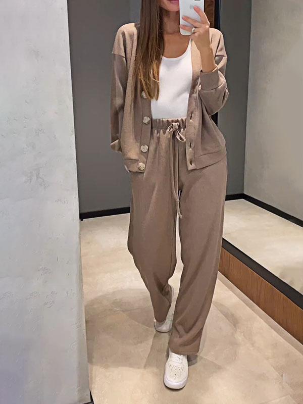Street-wave V-Neck Knit Set For Women Ultra Cozy Comfortable All-Day Loungewear With Relaxed Fit