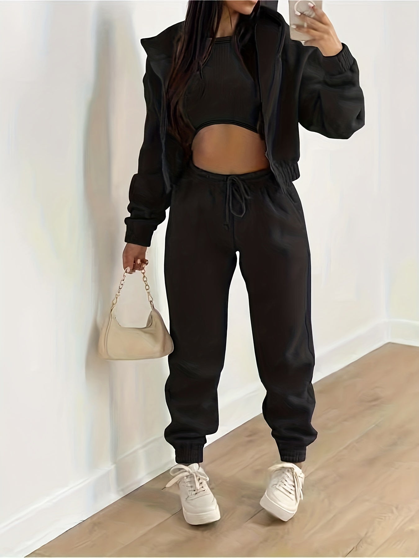 Street-Wave Three Piece Hoodie Tank Top Jogger Set For Women Comfort Casual Everyday Wear