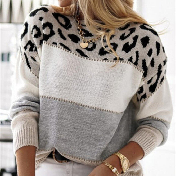 Street-Wave Leopard Print Knit Pullover For Women - Cozy Warmth And Effortless Style