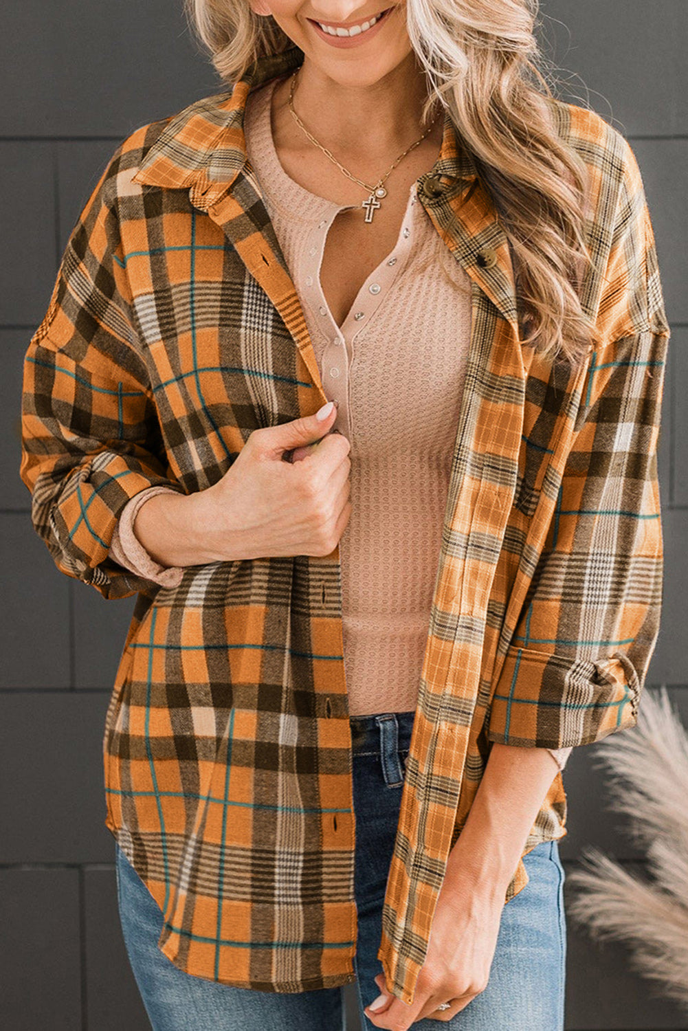 Street Wave Plaid Button Down Shirt With Collar For Women Long Sleeve Pockets Polyester Cotton Blend