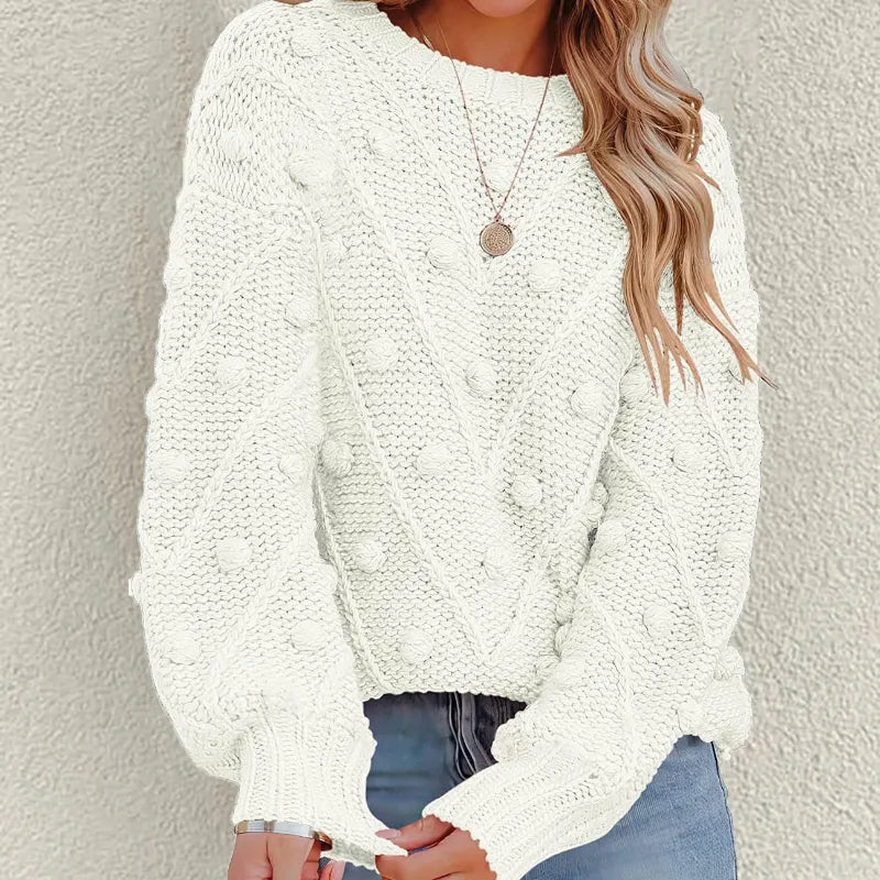 Street-wave Casual Knit Sweater For Everyday Wear Women Cozy Warm Roundneck Chunky Knit