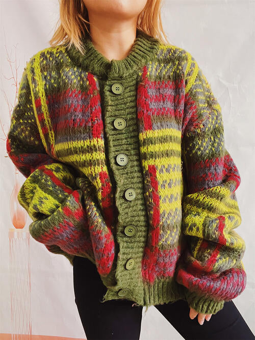 Street-wave Multicolor Knit Cardigan for Women Elegant Casual Button Front Cozy Versatile Everyday Wear