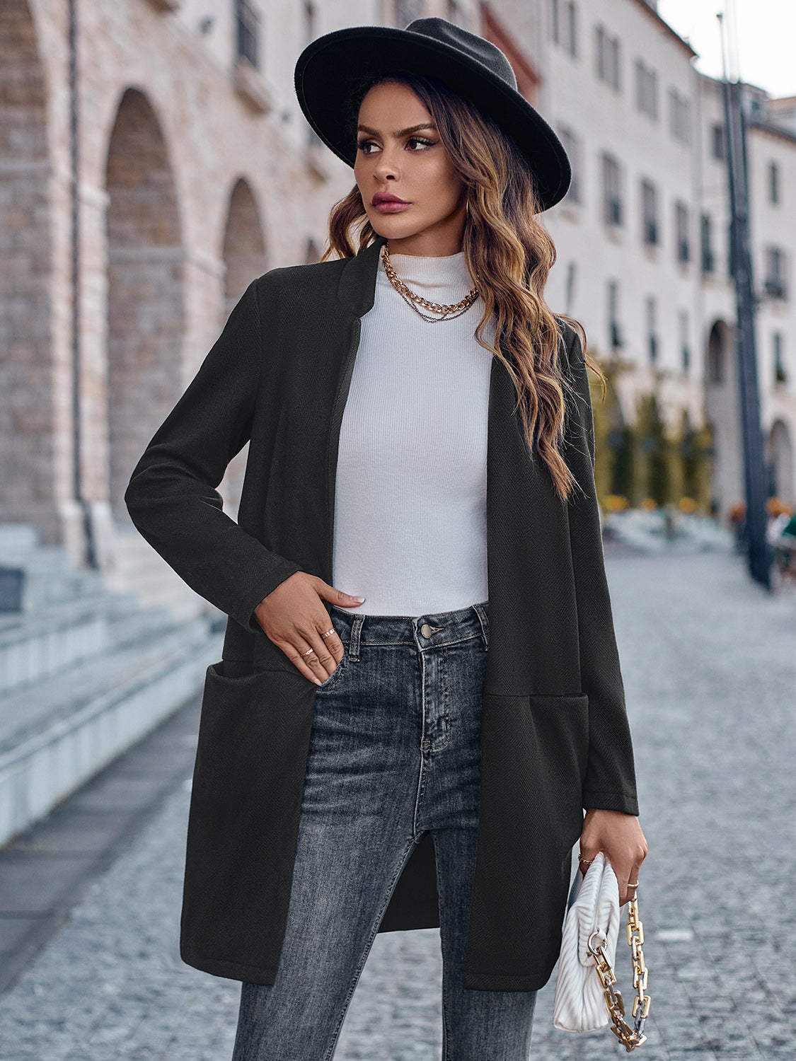 Street-Wave Open Front Long Sleeve Blazer For Women Chic Urban Wardrobe Essential