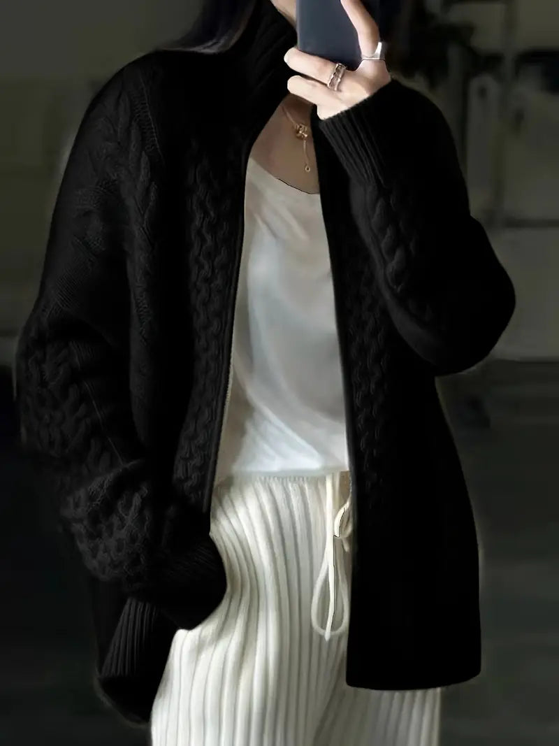 Street-Wave Cable Knit Zip Cardigan With High Collar For Women, Cozy Loose Fit Everyday