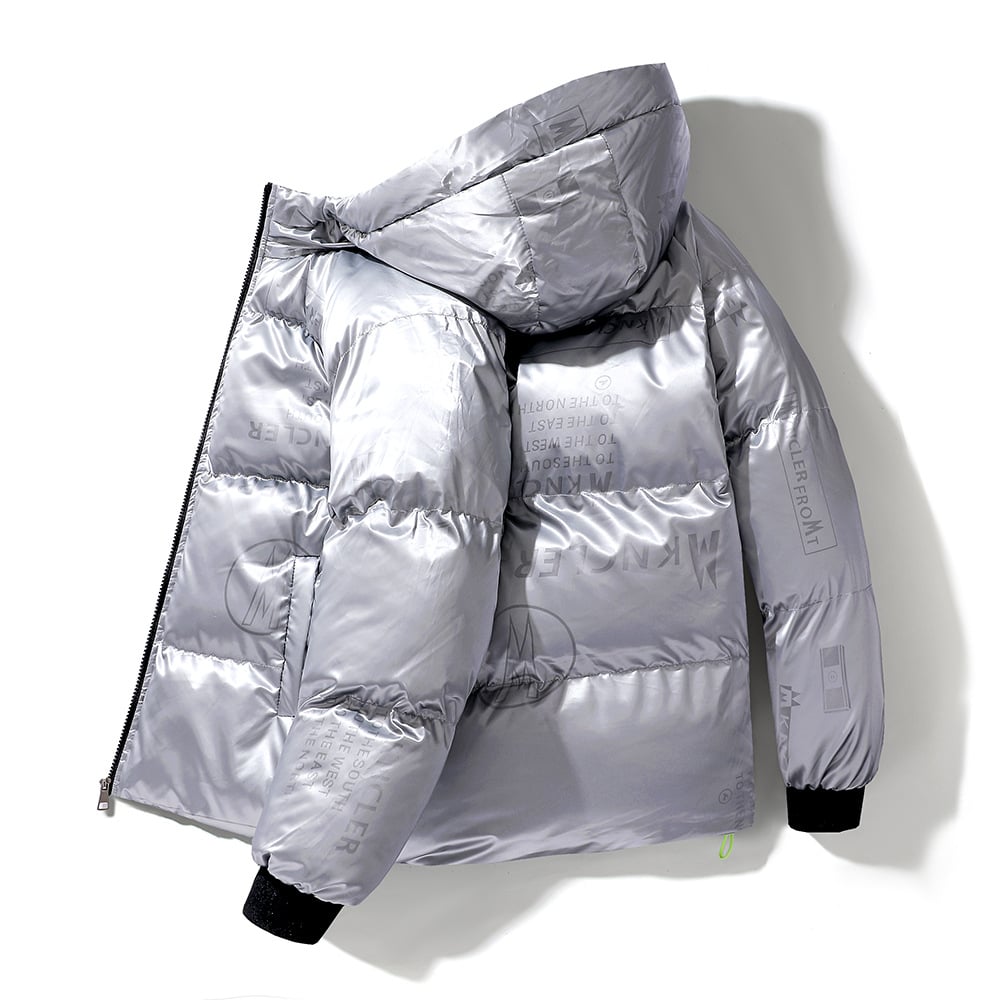 Street-Wave Hooded Quilted Jacket With Vinyl Shine Graphic Motifs For Men Vegan Polyester