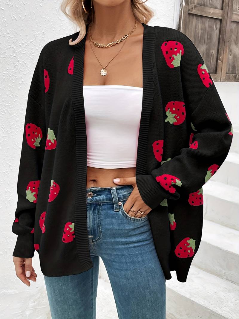 Street Wave Women's Winter Cardigan With Strawberry Print Cozy Knit Effortless Style For Modern Fashion Lovers