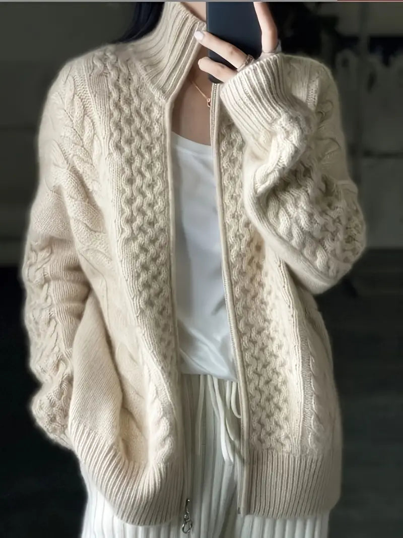 Street-Wave Cable Knit Zip Cardigan With High Collar For Women, Cozy Loose Fit Everyday