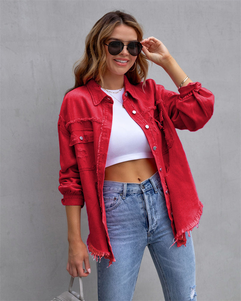 Street-Wave Pink Distressed Denim Jacket For Women Chic Versatile Streetwear Essential