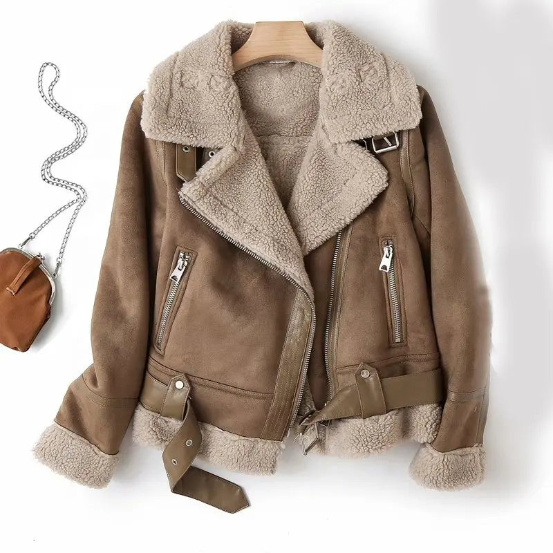 Street-Wave Weinlese Shearling Coat Rugged Faux Leather Fur Trim Jacket For Urban Trendsetters