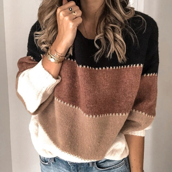 Streetwave Striped Loose Fit Knit Pullover For Women Cozy Crew Neck Sweater For Everyday Style
