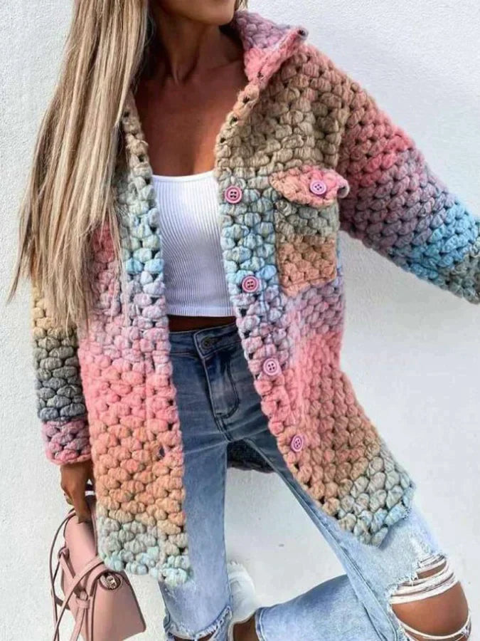 Streetwave Colorful Wool Coat For Women Vibrant Warmth Versatile Chic Chunky Knit