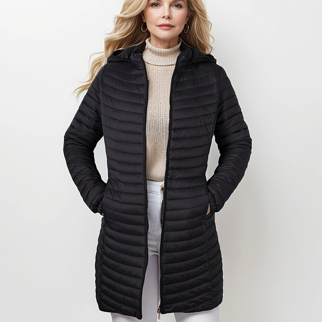 Street-wave Hooded Puffer Jacket For Women Casual Quilted Coat With Front Zip Water Resistant Warm Lightweight