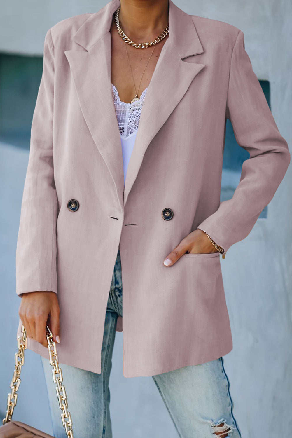 Street-Wave Double-Breasted Blazer With Padded Shoulders And Pockets For Women Chic Everyday Style