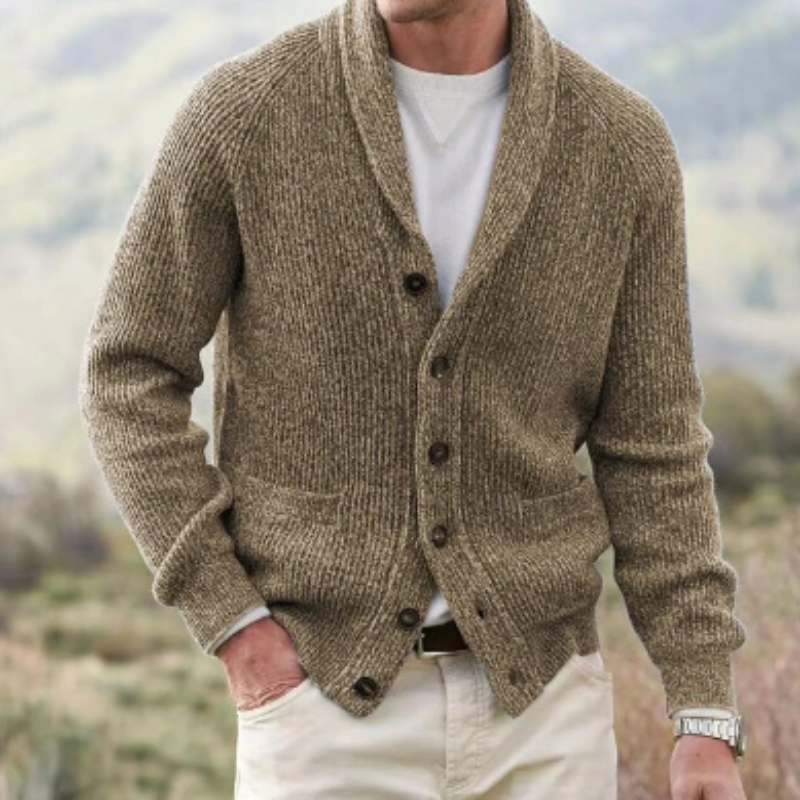 Street-Wave Men's Shawl Collar Cardigan with Button Closure and Long Sleeve Front Pockets Knit Sweater