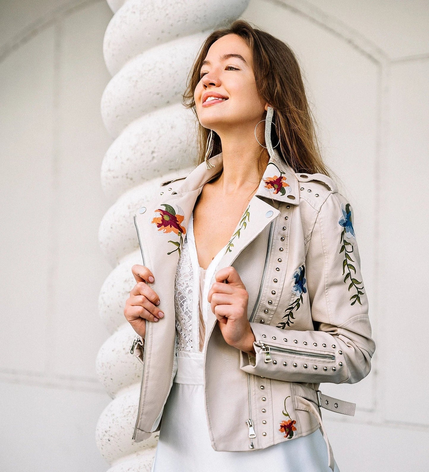 Street Wave Floral Embroidered Leather Jacket For Women Chic Vintage Inspired Outerwear