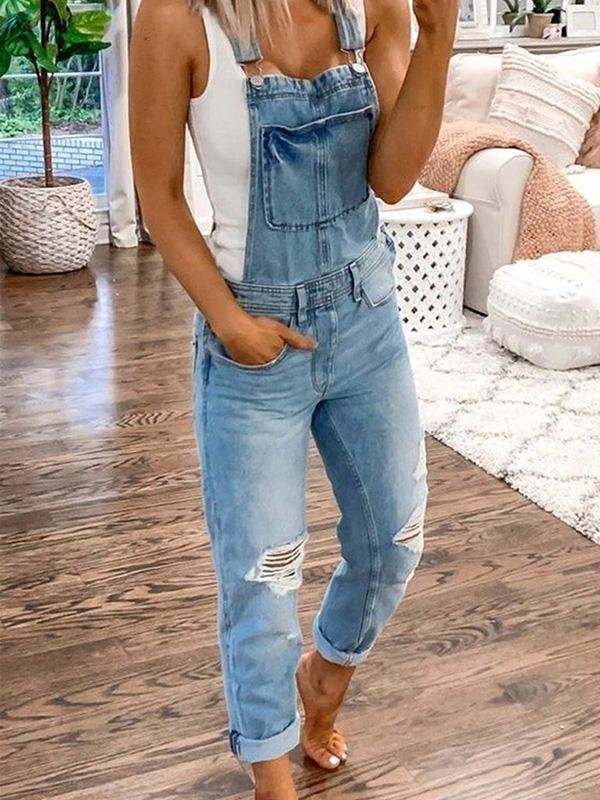 Street-Wave Distressed Denim Overalls for Women, Breathable Comfort, Trendy Casual Wear