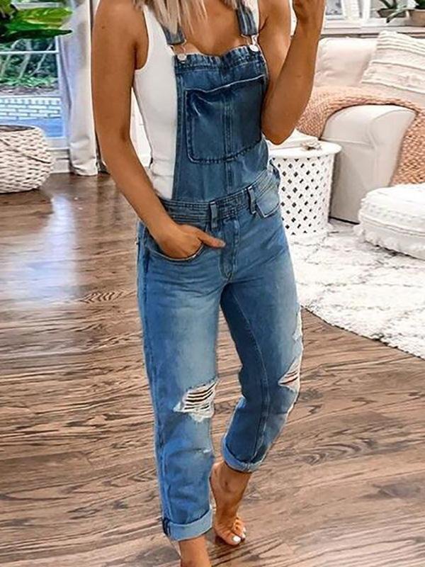 Street-Wave Distressed Denim Overalls for Women, Breathable Comfort, Trendy Casual Wear