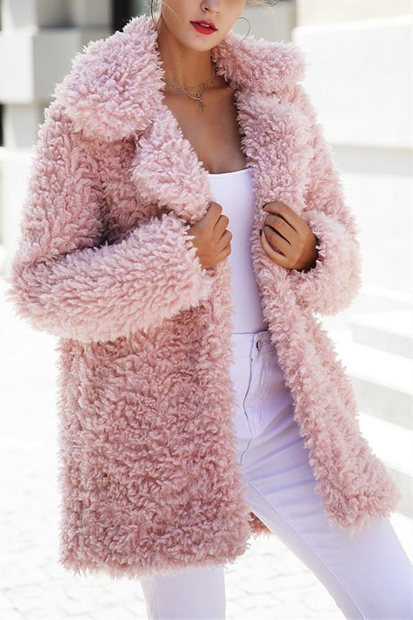 Street-Wave Pink Faux Fur Long Coat For Women Warm Thick Plush With Wrap Collar And Pockets