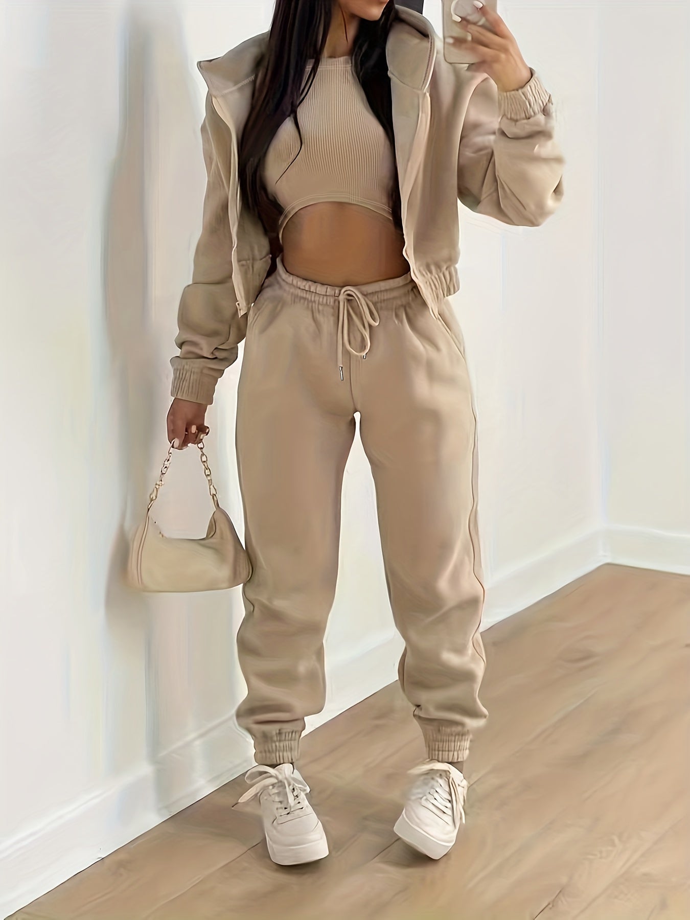 Street-Wave Three Piece Hoodie Tank Top Jogger Set For Women Comfort Casual Everyday Wear