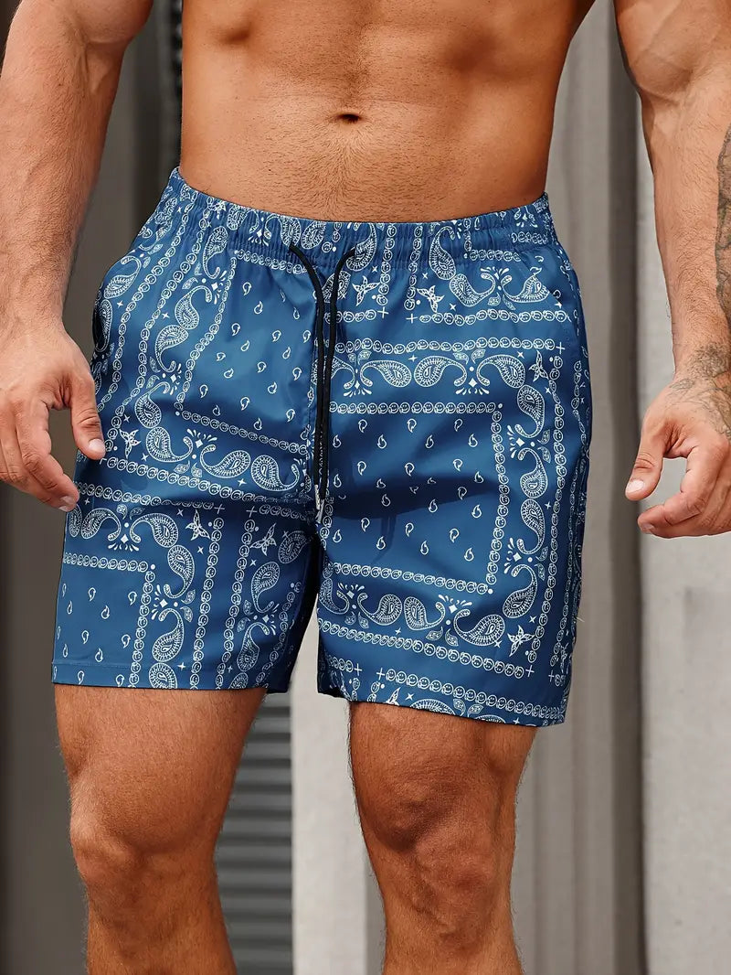 Men's Bandana Print Quick Dry Swim Shorts Mid Thigh Relaxed Fit Beach Pool Wear Essential