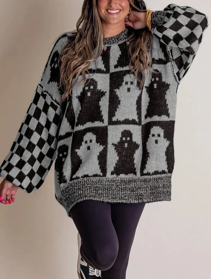 Street-Wave Cozy Pumpkin Halloween Knit Sweater For Women, Festive Orange And Black Checker Knit Pullover