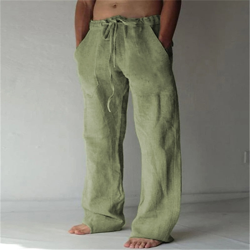 Men's Linen Pants Breathable Lightweight Drawstring Waist Loose Fit Casual Look For Summer