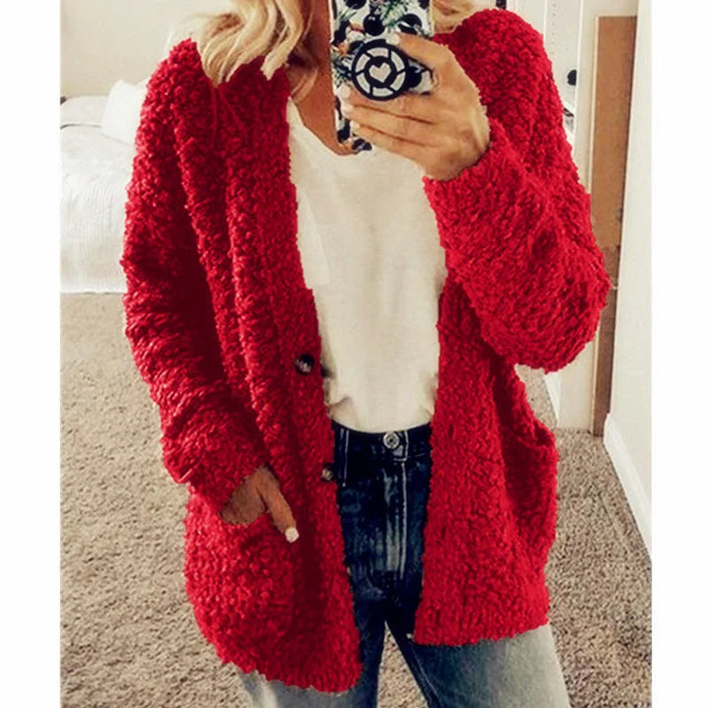 Street-wave Plush Cardigan Coat For Women - Ultra Cozy Warmth With Front Pockets
