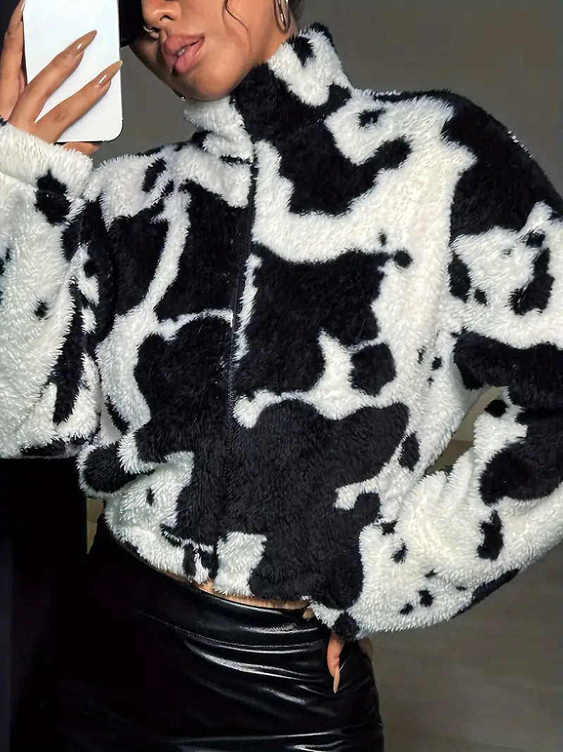 Street-Wave Cow Print Plush Zip Front Coat For Women Cozy And Trendy Winter Outerwear