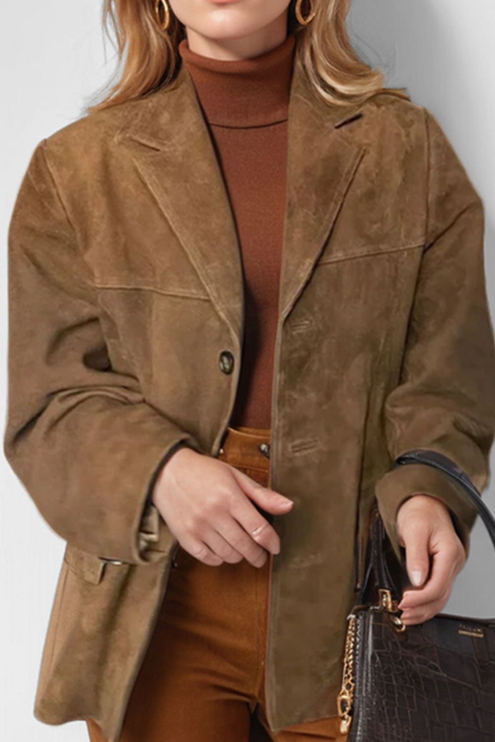 Street-Wave Vintage Café Jacket For Women, Suede Look, Lapel Collar, Flap Pockets, Button Closure, Timeless Chic