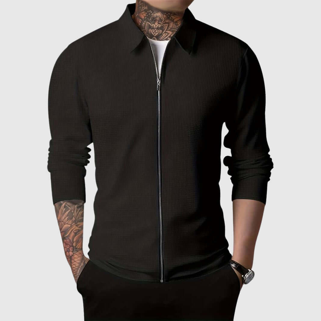 Street Wave Waffle Knit Zip Up Jacket For Men, Stylish Warmth And Breathable Comfort