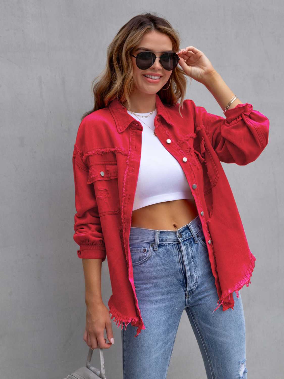 Street Wave Pink Distressed Denim Jacket For Women With Drop Shoulder And Frayed Hem