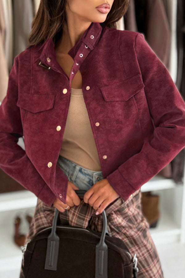 Street-Wave Women's Suede Button-Front Jacket, Relaxed Fit Hip-Length with Stand Collar