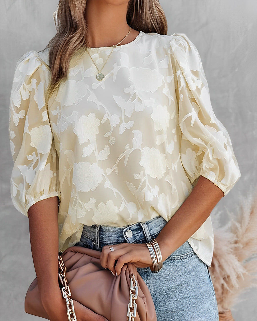 Street-wave Women Floral Puff Sleeve Blouse Elegant Lightweight Top For Women With Delicate Floral Pattern